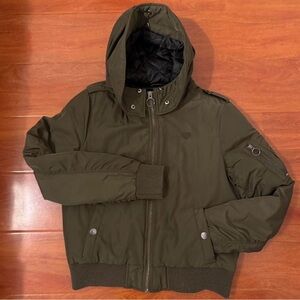 Green bomber jacket with hood and embroidered heart detail